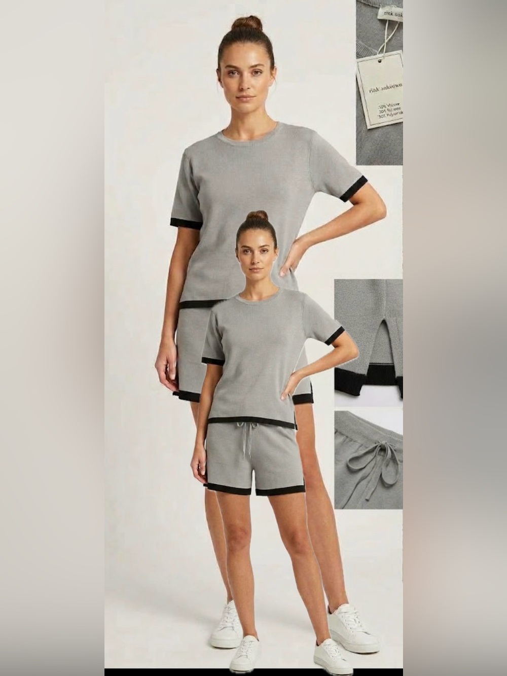 Gray Knit Short Set with Black Trim